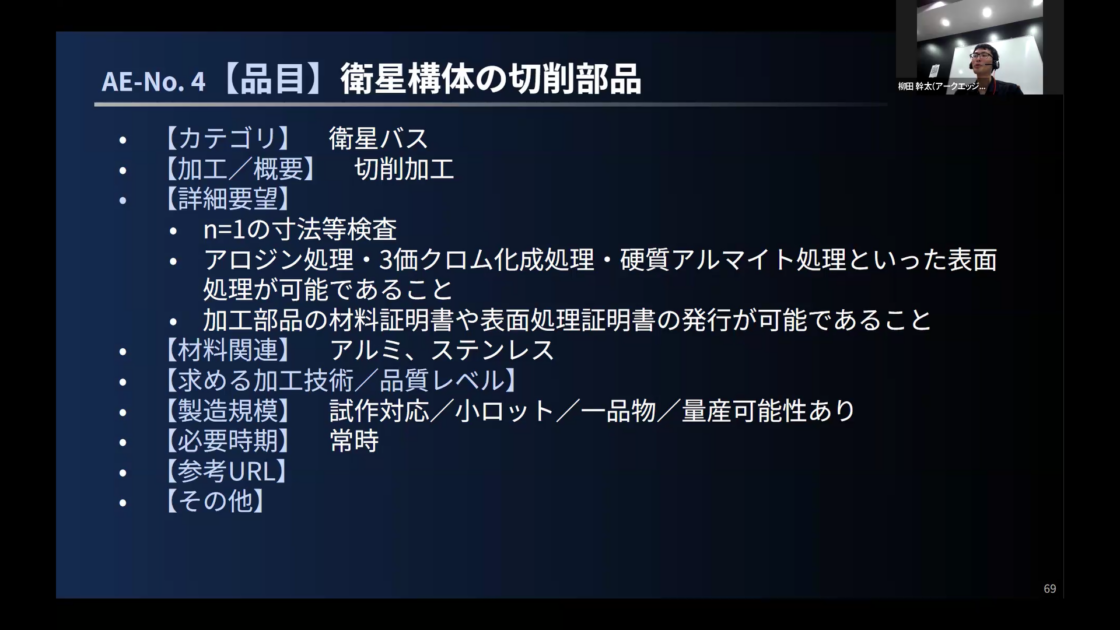 「衛星構体の切削部品」のスライド